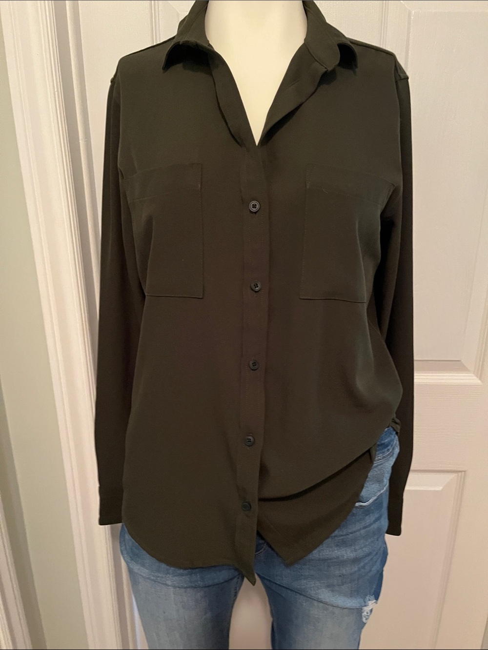 Olive Long-Sleeve Button-Down Shirt with Chest Pockets